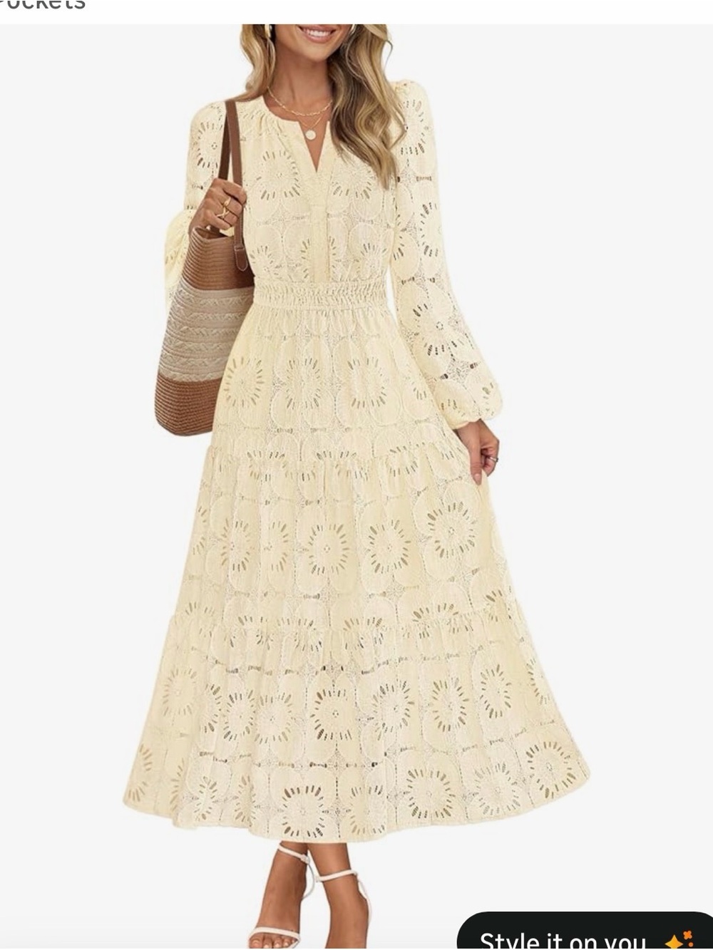 Cream Long Sleeve Eyelet Maxi Dress